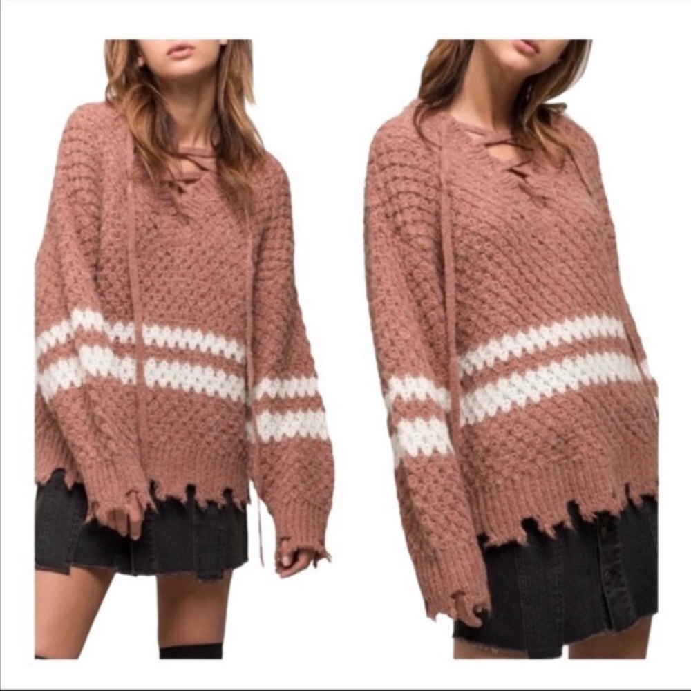 Moon & River lace up distressed sweater mauve color